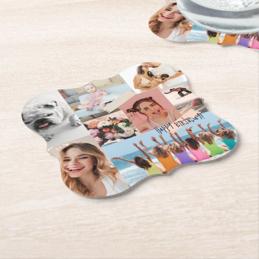 Moderne fotocollage Happy birthday Schattige Kartonnen Onderzetters (Gekanteld)