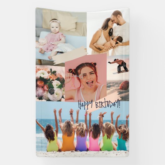 Moderne fotocollage Happy birthday Schattige Spandoek (Verticaal)