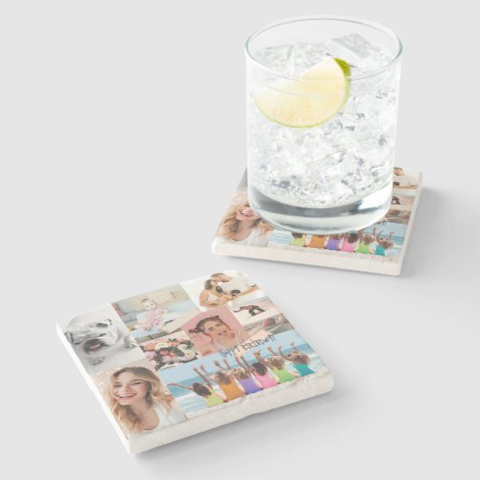 Moderne fotocollage Happy birthday Schattige Stenen Onderzetter (Zijkant)