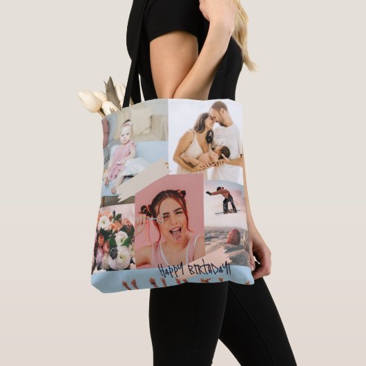 Moderne fotocollage Happy birthday Schattige Tote Bag (Dichtbij)