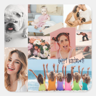 Moderne fotocollage Happy birthday Schattige Vierkante Sticker