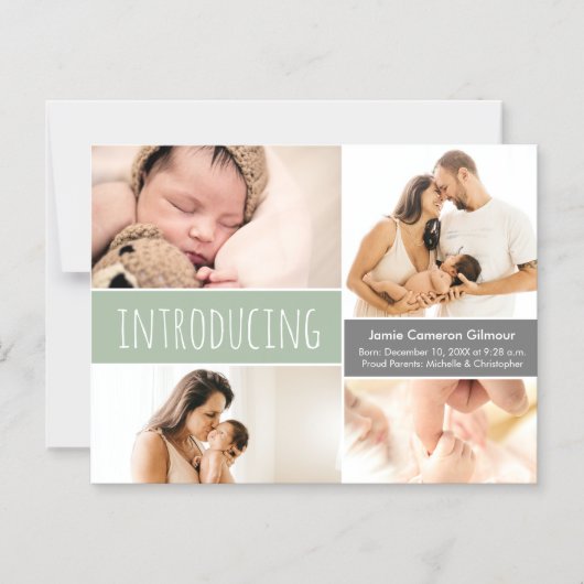 Moderne Fotocollage Introductie Groene Baby Jongen Magnetische Uitnodiging (Voorkant)