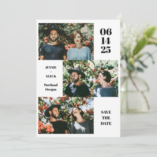 Moderne Fotocollage Layout Leuke Witte Chic Weddin Save The Date (Staand voorkant)