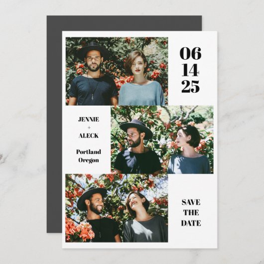 Moderne Fotocollage Layout Leuke Witte Chic Weddin Save The Date (Voorkant / Achterkant)