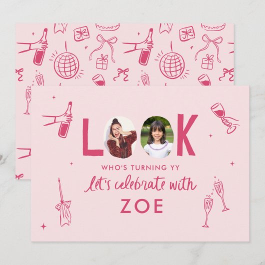 Moderne Fotocollage Leuke Hand-getrokken Verjaarda Kaart (Voorkant / Achterkant)