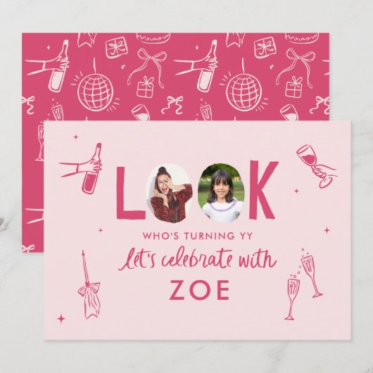 Moderne Fotocollage Leuke Hand-getrokken Verjaarda Kaart (Voorkant / Achterkant)