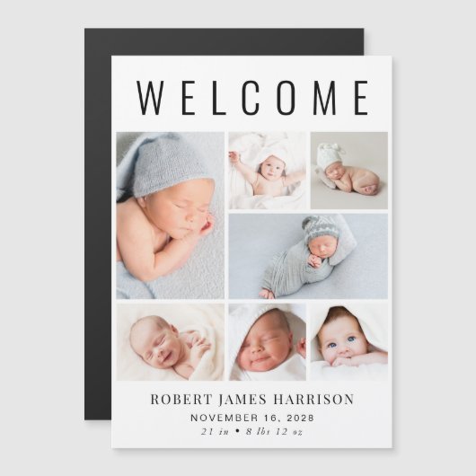 Moderne fotocollage Magnetische geboorte aankondig Magnetische Uitnodiging (Voorkant / Achterkant)