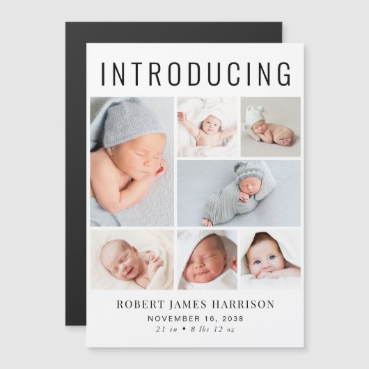 Moderne fotocollage Magnetische geboorte aankondig Magnetische Uitnodiging (Voorkant / Achterkant)