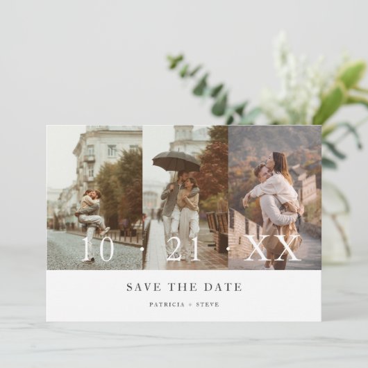 Moderne Fotocollage Minimalistische Bewaar de Datu Save The Date (Staand voorkant)