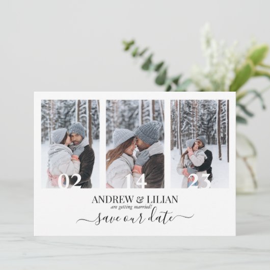 Moderne Fotocollage Monogram Minimalistische Trouw Save The Date (Staand voorkant)