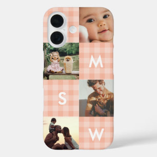 Moderne Fotocollage Monogram Roze Gingham iPhone 16 Hoesje