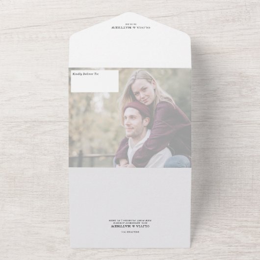 Moderne fotocollage overlay bruiloft all in one uitnodiging (Buitenkant)