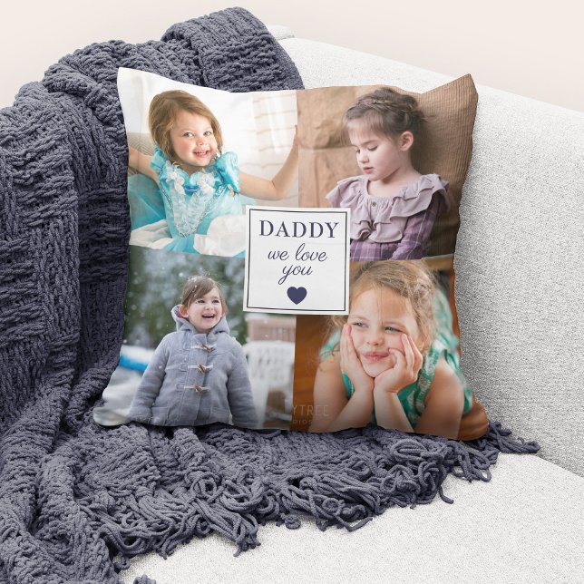 Moderne fotocollage papa kussen (Cute custom photo collage "Daddy We Love You" throw pillow.)