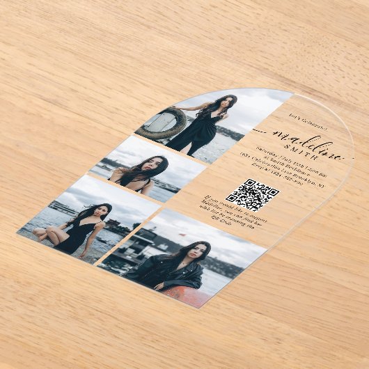 Moderne Fotocollage QR-code Afstudeerfeest Acryl Uitnodigingen (Laagn)