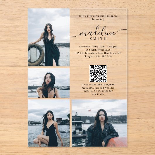 Moderne Fotocollage QR-code Afstudeerfeest Acryl Uitnodigingen (Voorkant)