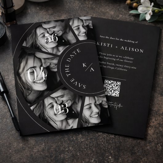 Moderne Fotocollage QR Code Trouwkaart 'Save the D Save The Date