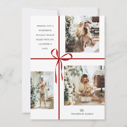 Moderne fotocollage rode geschenkdoos lint kerst feestdagenkaart (Voorkant)