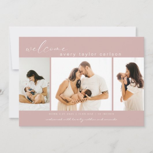 Moderne fotocollage roze geboorte aankondiging (Voorkant)