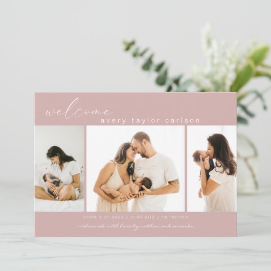 Moderne fotocollage roze geboorte aankondiging (Staand voorkant)