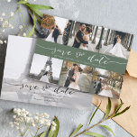 Moderne fotocollage slaat de datum donkerder op save the date<br><div class="desc">Kies de beste afbeeldingen uit je verloving-opname of je favoriete afbeeldingen van jullie twee voor deze perfecte bewaardatum. De woorden sparen de datum zijn handgeschreven om een persoonlijk gevoel aan de kaart te geven. De voorkant heeft 6 afbeeldingen en de achterkant heeft een groot afbeelding met een witte filter op...</div>