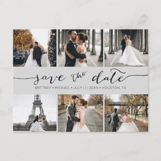 Moderne fotocollage slaat de datum grijs op aankondigingskaart (Voorkant)