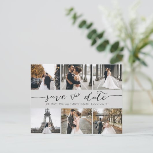 Moderne fotocollage slaat de datum grijs op aankondigingskaart (Staand voorkant)