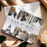 Moderne fotocollage slaat de datum grijs op aankondigingskaart<br><div class="desc">Kies de beste afbeeldingen uit je verloving-opname of je favoriete afbeeldingen van jullie twee voor deze perfecte bewaardatum. De woorden sparen de datum zijn handgeschreven om een persoonlijk gevoel aan de kaart te geven. De voorkant heeft 6 afbeeldingen en de achterkant heeft een groot afbeelding met een witte filter op...</div>
