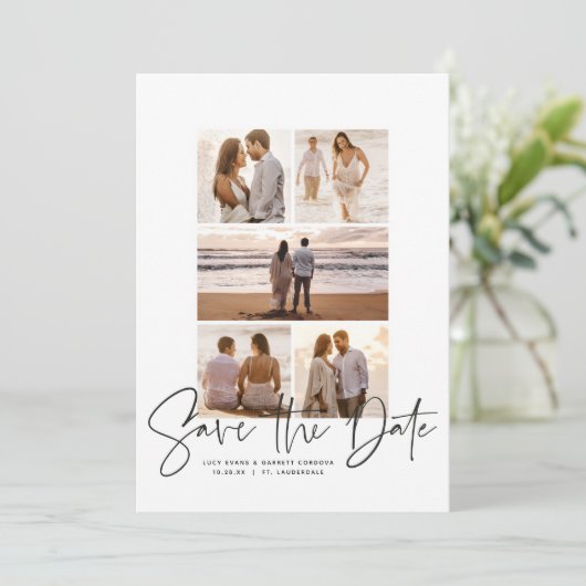 Moderne fotocollage slaat de datum op save the date (Staand voorkant)