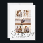 Moderne fotocollage slaat de datum op save the date<br><div class="desc">Met vijf foto's en een modern script dat "sparen de datum" is geschreven, is deze kaart de perfecte manier om je verloving aan te kondigen en een bruiloft aan vrienden en familie te beginnen. De zwarte tekst is vet en modern, maar nog steeds gesofisticeerd. De aanpasbare tekst aan de voorzijde...</div>