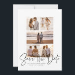 Moderne fotocollage slaat de datum op save the date<br><div class="desc">Met vijf foto's en een modern script dat "sparen de datum" is geschreven, is deze kaart de perfecte manier om je verloving aan te kondigen en een bruiloft aan vrienden en familie te beginnen. De zwarte tekst is vet en modern, maar nog steeds gesofisticeerd. De aanpasbare tekst aan de voorzijde...</div>