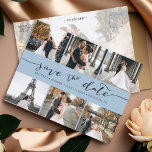 Moderne fotocollage slaat de datum van het puistbl aankondigingskaart<br><div class="desc">Kies de beste afbeeldingen uit je verloving-opname of je favoriete afbeeldingen van jullie twee voor deze perfecte bewaardatum. De woorden sparen de datum zijn handgeschreven om een persoonlijk gevoel aan de kaart te geven. De voorkant heeft 6 afbeeldingen en de achterkant heeft een groot afbeelding met een witte filter op...</div>