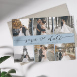 Moderne fotocollage slaat de datum van het puistbl save the date<br><div class="desc">Kies de beste afbeeldingen uit je verloving-opname of je favoriete afbeeldingen van jullie twee voor deze perfecte bewaardatum. De woorden sparen de datum zijn handgeschreven om een persoonlijk gevoel aan de kaart te geven. De voorkant heeft 6 afbeeldingen en de achterkant heeft een groot afbeelding met een witte filter op...</div>