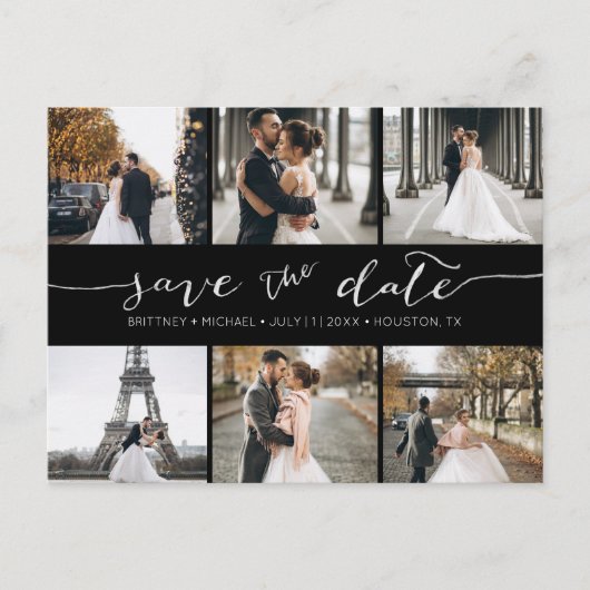 Moderne fotocollage slaat de datum zwart op aankondigingskaart (Voorkant)