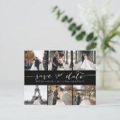 Moderne fotocollage slaat de datum zwart op aankondigingskaart (Staand voorkant)
