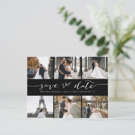 Moderne fotocollage slaat de datum zwart op aankondigingskaart (Staand voorkant)