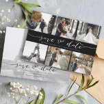 Moderne fotocollage slaat de datum zwart op save the date<br><div class="desc">Kies de beste afbeeldingen uit je verloving-opname of je favoriete afbeeldingen van jullie twee voor deze perfecte bewaardatum. De woorden sparen de datum zijn handgeschreven om een persoonlijk gevoel aan de kaart te geven. De voorkant heeft 6 afbeeldingen en de achterkant heeft een groot afbeelding met een witte filter op...</div>