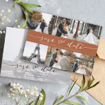 Moderne fotocollage sparen de Datum Terracotta Save The Date<br><div class="desc">Kies de beste afbeeldingen uit je verloving-opname of je favoriete afbeeldingen van jullie twee voor deze perfecte bewaardatum. De woorden sparen de datum zijn handgeschreven om een persoonlijk gevoel aan de kaart te geven. De voorkant heeft 6 afbeeldingen en de achterkant heeft een groot afbeelding met een witte filter op...</div>