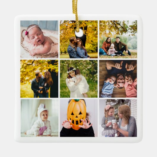 Moderne fotocollage wat een jaar wit monogram keramisch ornament (Voorkant)