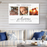 Moderne fotocollage Welkom bij ons verhaal Canvas Afdruk<br><div class="desc">Deze prachtige canvaswandkunst beschikt over een prachtige fotocollage van drie lijsten met gekoesterde herinneringen, versierd met de oprechte boodschap: "Welkom in ons verhaal." Het elegante zwart-wit ontwerp, gecombineerd met een prachtig script en gedrukte typografie, creëer is een verfijnd en duurzaam stuk dat elke interieurstijl zal aanvullen. Personaliseer het met uw...</div>