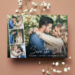 Moderne fotocollage wit script bruiloft save the date<br><div class="desc">Chique bruiloft bewaar de datum platte kaart met uw verloving foto overlayed met een strip van drie kleinere vierkante foto's en "Save the Date" in een stijlvol wit script. Voeg je voornamen en trouwdatum toe in eenvoudige moderne witte typografie. Aan de achterkant, personaliseer uw bewaar de datumgegevens in elegante typografie...</div>