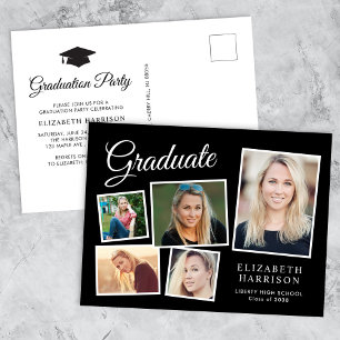 Moderne fotocollage zwart afstudeerfeest uitnodiging briefkaart
