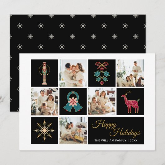 Moderne Fotocollage Zwart Goud Kerstkaart (Voorkant / Achterkant)