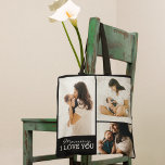 Moderne fotocollage | Zwarte en witte Moederdag Tote Bag<br><div class="desc">Stuur je moeder deze moderne moederdag tas met een groet 'HAPPY MOTHERS DAY' en je favoriete 3 foto's. Alle stijlen van de tekstdoopvont,  grootte en kleuren kunnen worden veranderd door op de pas verdere verbinding na het personaliseren te klikken.</div>