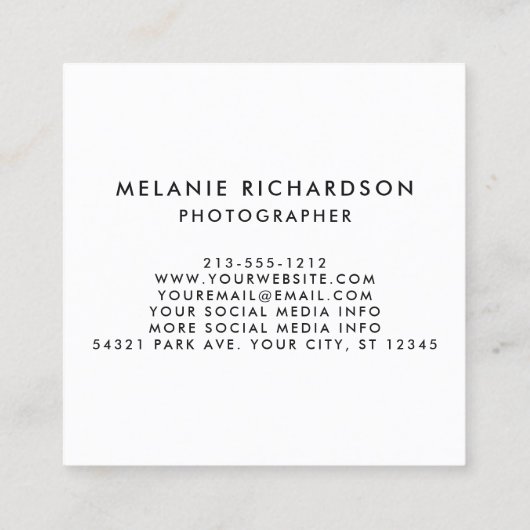 Moderne fotograaf Instant Camera Style Script Vierkante Visitekaartje (Achterkant)