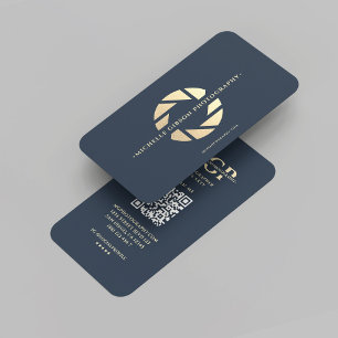 Moderne fotograaf Monogram Donkerblauw Goud Camera Visitekaartje