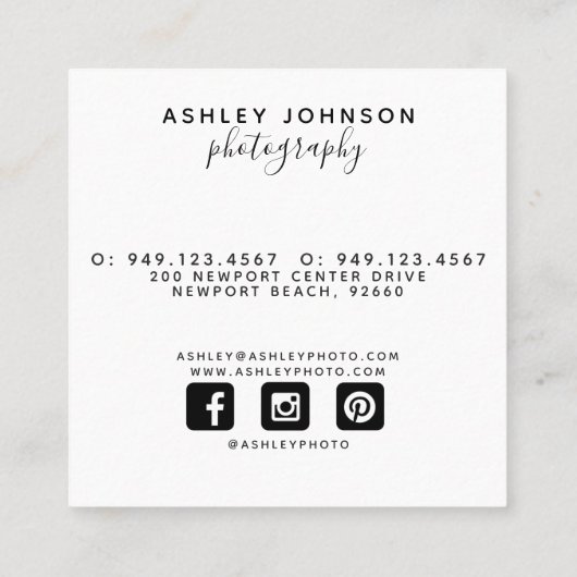 Moderne Fotografe script Sociale Media Foto Vierkante Visitekaartje (Achterkant)