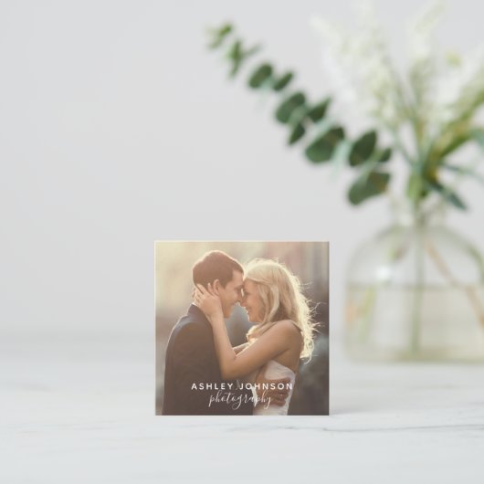 Moderne Fotografe script Sociale Media Foto Vierkante Visitekaartje (Staand voorkant)