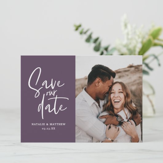 Moderne fotografische bruiloft met behoud van datu save the date (Staand voorkant)