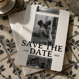 Moderne fotogrid met vet serif 'Save the Date'-kaa Kaart
