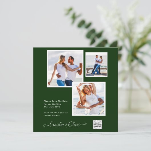 Moderne Fotohuwelijksuitnodiging QR-code RSVP Groe (Staand voorkant)